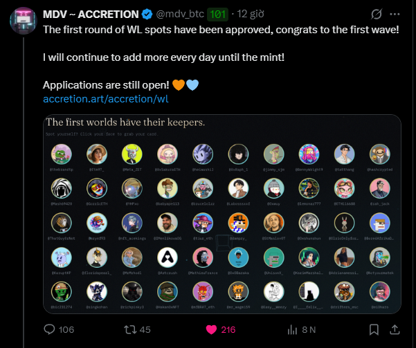 A tweet from "MDV – ACCRETION" (@mdv_btc) with 101 likes, announcing the approval of WL spots and showing a grid of user avatars with the text "The first worlds have their keepers."
