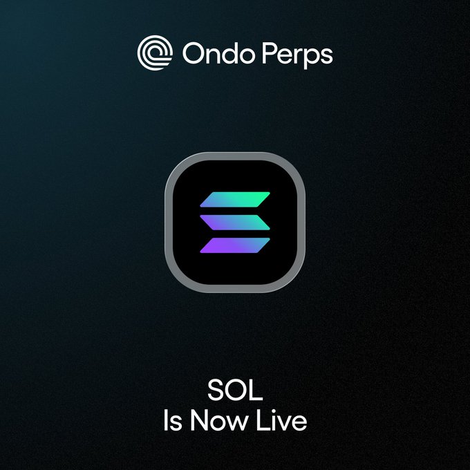 A promotional graphic with a dark background featuring the 'Ondo Perps' logo at the top, the colorful Solana (SOL) logo in the center, and the text 'SOL Is Now Live' at the bottom.