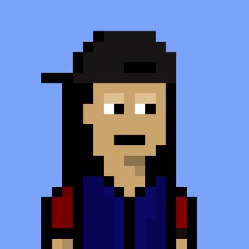 A pixel art portrait of a character with a black cap, long black hair, a small mustache, and a blue and red jacket, set against a light blue background, representing one of the V0 Punks from the @Nakamigos NFT collection.