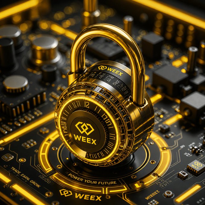 A golden padlock branded with "WEEX" sits on a circuit board, symbolizing the platform's commitment to securing user funds. The image visually reinforces the post's message about essential security practices like 2FA, strong passwords, and verifying wallet addresses before trading.