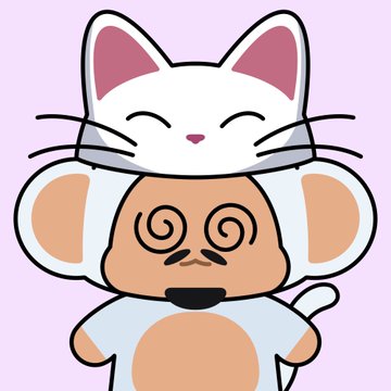 A cartoon illustration shows a white cat with closed, smiling eyes sitting on top of a white monkey whose eyes are swirling in a hypnotized, dizzy expression.