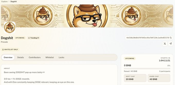 A webpage screenshot for the "Dogshit" token presale on a crypto launchpad, featuring Shiba Inu dog logos, an "UPCOMING" status, and presale details including a Soft Cap of 20 BNB and Hard Cap of 40 BNB starting 1-04.11:21.