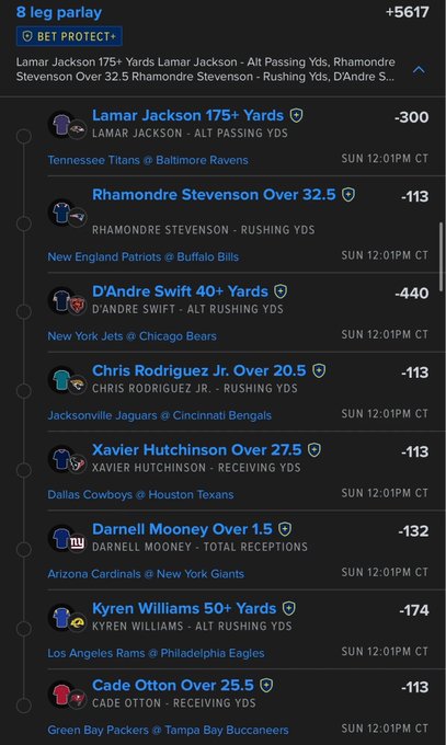 A sports betting app screen displays an '8 leg parlay' with a potential payout of '+5617', listing NFL player prop bets like 'Lamar Jackson 175+ Yards -300' and 'Rhamondre Stevenson Over 32.5 -113' for Sunday games.