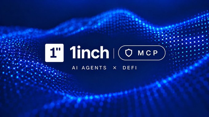 A blue digital-wave graphic displaying the logos and text “1inch,” “MCP,” and “AI AGENTS X DEFI.”