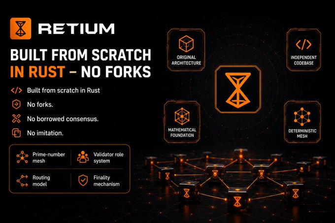 A dark promotional graphic for "RETIUM" with the headline "BUILT FROM SCRATCH IN RUST – NO FORKS", highlighting features like Original Architecture, Independent Codebase, Mathematical Foundation, and Deterministic Mesh.