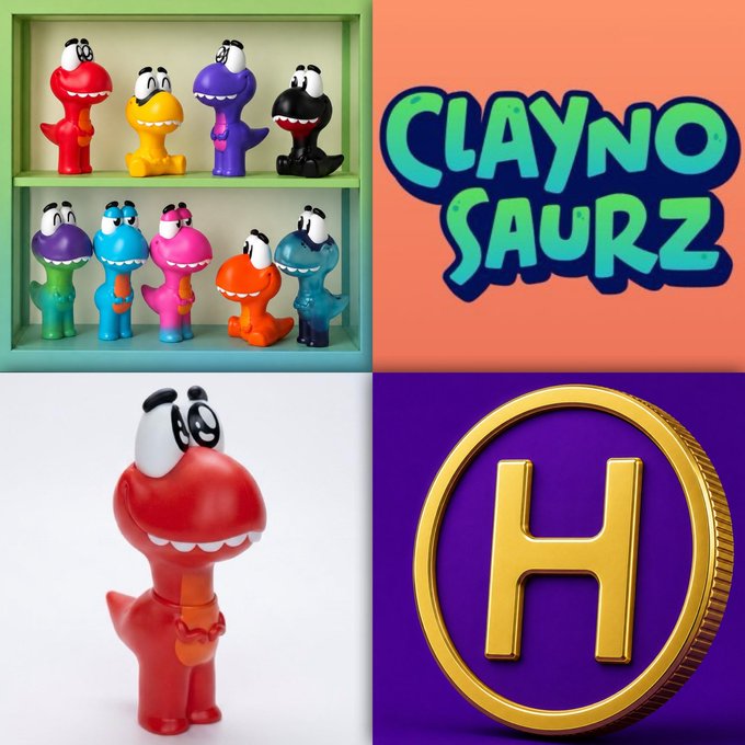 A four-panel collage showcases Claynosaurz collectibles and branding: the top-left displays a colorful lineup of clay dinosaur figurines on shelves, the top-right features the "CLAYNOSAURZ" logo, the bottom-left highlights a single red dinosaur figure, and the bottom-right shows a gold "H" coin against a purple background, promoting the $HEEBOO token launch.