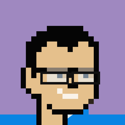 A pixel art portrait of a person with black hair, glasses, and a neutral expression against a purple background.