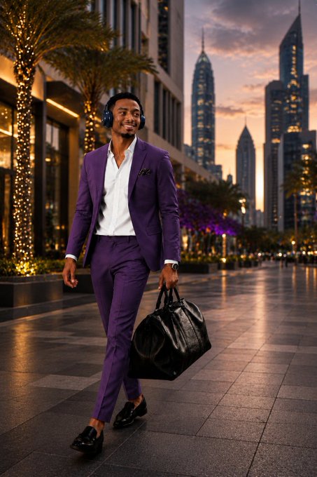 A stylish Black man in a sharp purple suit walks confidently through a modern city plaza at dusk, wearing headphones and carrying a black duffel bag.
