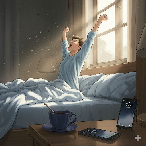 The image features a man sitting up in bed with his arms raised, possibly waking up or stretching after sleep. The scene includes a cup of coffee placed next to him on the bedside table, along with two cell phones - one near the bottom right corner and another towards the top left corner. This suggests that someone might be using their phone while they are still in bed, perhaps checking messages, browsing social media or looking up information. The image also includes a clock located at the top center of the scene, which could indicate the time for the person to wake up or start their day.

The post is titled "Gm everyone Let' s make it count Bullish on @useTria", which implies that the man's actions and surroundings are relevant to the content being shared by the poster. The use of the word "Bullish" suggests a positive, uplifting tone for the image, possibly encouraging viewers to start their day with enthusiasm or energy.