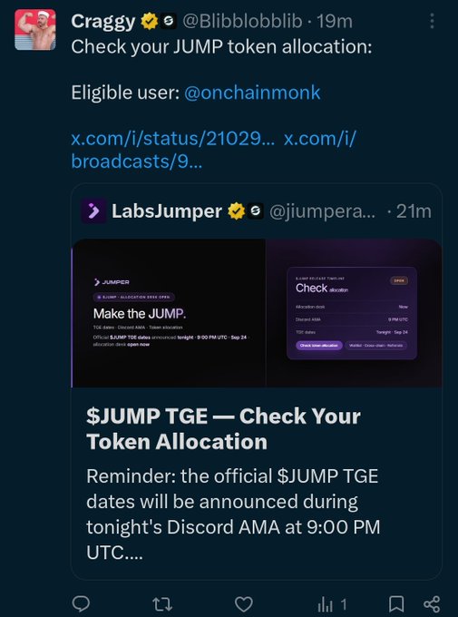 A screenshot of an X (Twitter) post from @Blibblobblib (@Craggy) about checking $JUMP token allocation, quoting a post from LabsJumper (@jumpera...) about the $JUMP TGE and token allocation check.