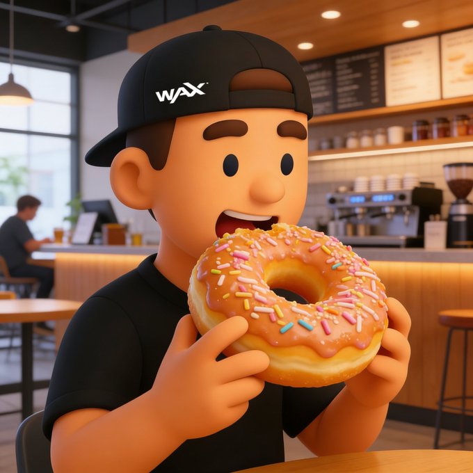 The image features a cartoon boy eating a donut with sprinkles, wearing a black baseball cap. The caption of the image reads "Happy National Donut Day, WAXFAM! Donut forget to stake your WAXP while you'r at it." This suggests that the boy is enjoying his treat and wants to share the post on social media or with friends.

The background shows a coffee shop setting with tables and chairs where people are sitting and eating donuts. There's also an oven visible in the scene, indicating that this might be a bakery or cafe.