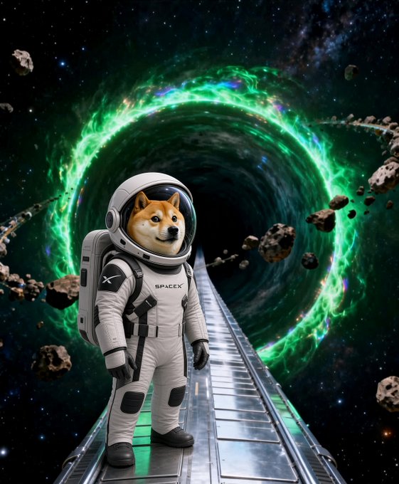 An AI-generated image of a Shiba Inu dog wearing a SpaceX spacesuit, standing on a walkway in front of a green glowing space portal with asteroids floating around.