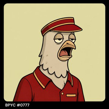 A cartoon illustration of an exhausted, sweating pigeon wearing a red delivery cap and uniform, captioned "BPYC #0777," serving as the mascot for the "Bored Pigeon Yacht Club" NFT project referenced in the post.
