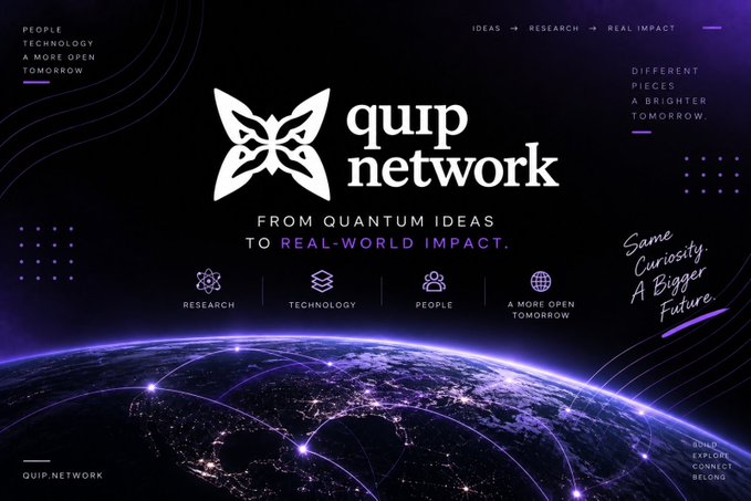 A promotional graphic for 'quip network' with the tagline 'FROM QUANTUM IDEAS TO REAL-WORLD IMPACT,' set against a view of Earth from space.
