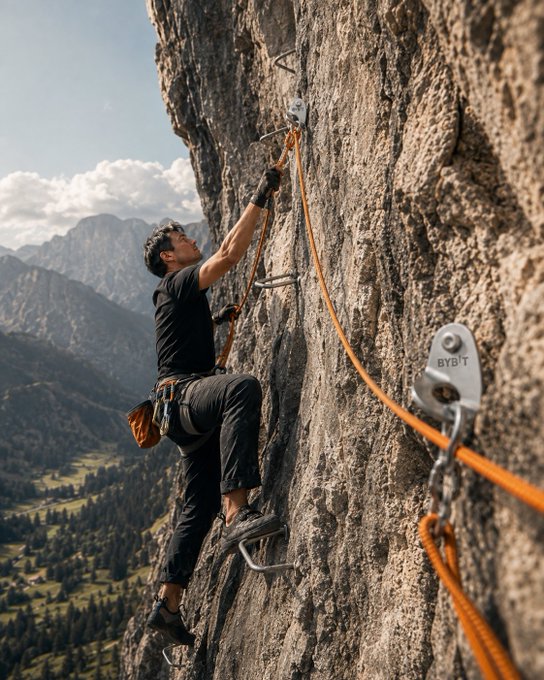 A rock climber scales a steep cliff face, gripping metal holds bolted into the rock while secured by an orange rope, with a mountain valley backdrop. The text "BYB'T" is visible on a climbing anchor, fitting the post's message about gear built to support your next move in challenging climbs.