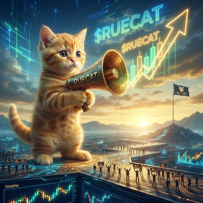 A digital illustration of an orange tabby kitten holding a gold megaphone labeled 'RUECAT', standing on a glowing platform overlooking a futuristic landscape with a large '$RUECAT' stock chart trend arrow and a 'RUECAT' flag in the background.