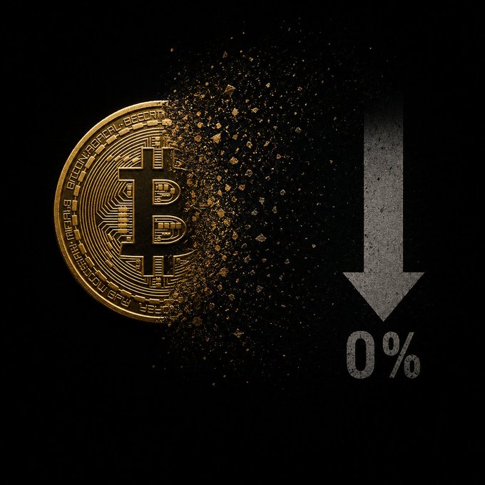 A dramatic image of a golden Bitcoin coin shattering and dissolving into particles next to a downward arrow and '0%', symbolizing a cryptocurrency crash.