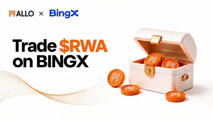 A promotional advertisement for ALLO × BingX featuring the text 'Trade $RWA on BINGX' with a white treasure chest overflowing with orange ALLO-branded tokens.