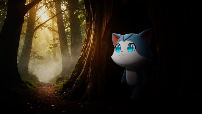 The Pokémon Alolan Vulpix peeks out from behind a large tree in a mystical forest, its bright blue eyes and white fur contrasting against the warm, sunlit woods. The image ties into the post's call to revive meme culture, with the cute, wide-eyed Vulpix symbolizing a fresh, nostalgic energy ready to bring memes back into the spotlight.