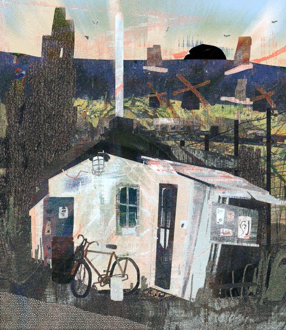 A mixed-media collage artwork depicting a small white house with a red bicycle out front, set against a stylized industrial cityscape.
