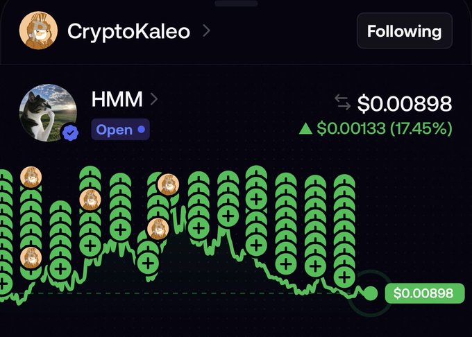 A screenshot of a cryptocurrency tracking app showing a token called "HMM" (CryptoKaleo), priced at $0.000898 with a 17.45% gain, displayed over a green area chart covered with numerous "+" icon markers indicating recent purchases.