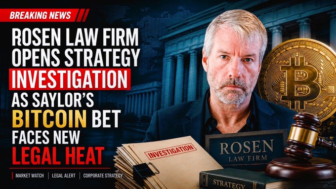 A "Breaking News" graphic from Market Watch's Legal Alert/Corporate Strategy section announces that Rosen Law Firm has launched a strategy investigation into Saylor's Bitcoin bet. The image features Michael Saylor beside a golden Bitcoin and a "Rosen Law Firm" sign with a gavel, stacks of documents marked "INVESTIGATION," and a "STRATEGY" book—visually dramatizing the legal scrutiny while the post clarifies no formal charges or proven violations have yet emerged.