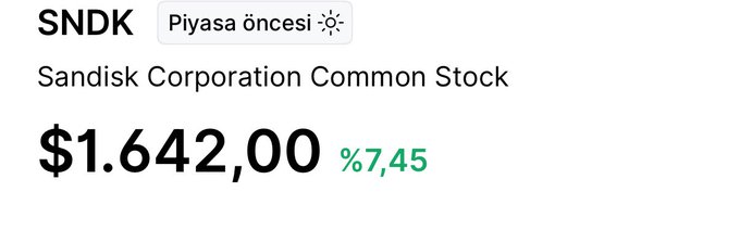 A stock ticker display shows 'SNDK' Sandisk Corporation Common Stock priced at $1.642,00, up %7,45 with a 'Piyasa öncesi' label.