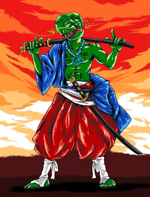 The image features Pepe the Frog dressed as a samurai, wearing red hakama pants and a blue robe, holding a katana across his shoulders, with "JEDI" and a BSV logo tattooed on his chest.

This fits the "gm" (good morning) crypto post celebrating a good day with a playful, over-the-top meme—juxtaposing the stoic samurai warrior vibe with the irreverent, ridiculous energy of Pepe and BSV branding.