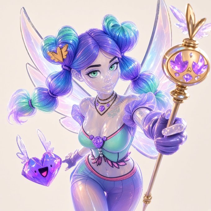 A digital illustration of a fantasy fairy character with vibrant purple and blue hair, translucent wings, holding a golden staff topped with a crystal.