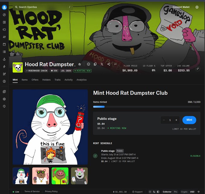 The image shows the OpenSea minting page for "Hood Rat Dumpster Club," displaying 356 out of 3,333 items minted at a floor price of $6,969.69, with the featured NFT artwork showing a cartoon rat character. This aligns with the post celebrating that over 10% of the collection has been minted, noting increased activity in recent hours and that the collection is now discoverable on OpenSea.