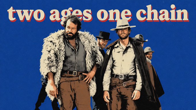 A movie poster featuring cowboys in Western attire with the title 'two ages one chain' displayed at the top.