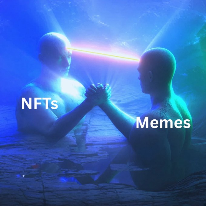 Two humanoid figures labeled "NFTs" and "Memes" are underwater, clasping hands while a laser beam shoots from the NFT figure's forehead into the Memes figure's eye—symbolizing the convergence of NFT and memecoin communities into a unified meta-narrative.

Text visible: "NFTs" and "Memes"