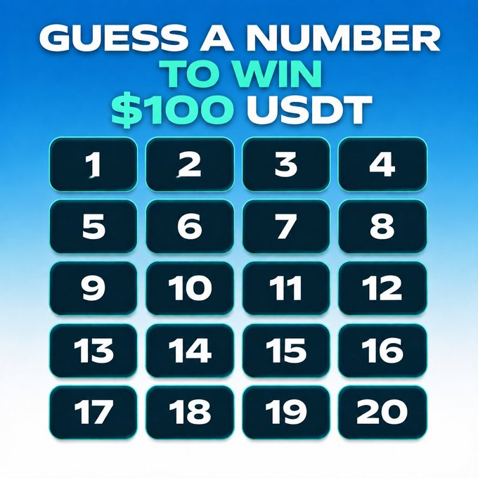 A promotional "Guess a Number to Win $100 USDT" graphic displays 20 numbered boxes (1-20) arranged in a grid, inviting participants to pick a number for a chance to win cryptocurrency as part of a social media giveaway.