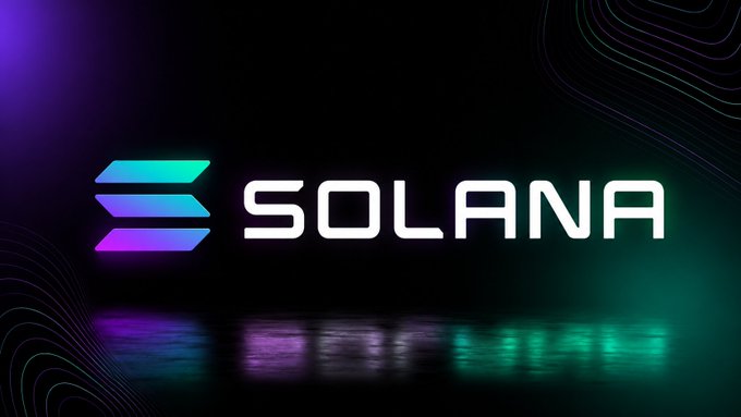 The image features a logo for Solana, which consists of a white "S" with blue lines above it. The background of the image is black, and there are purple and green lines surrounding the "S" symbol. The text "Your favorite Solana project" is written in white below the logo.
