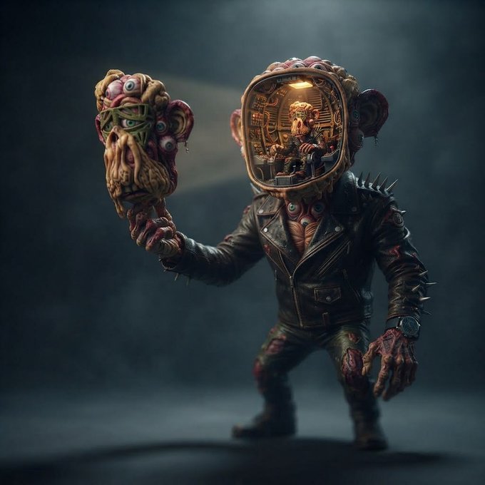 A grotesque horror figure wearing a studded leather jacket, with its head split open revealing a mechanical interior, holding a monstrous fleshy mask in one hand.