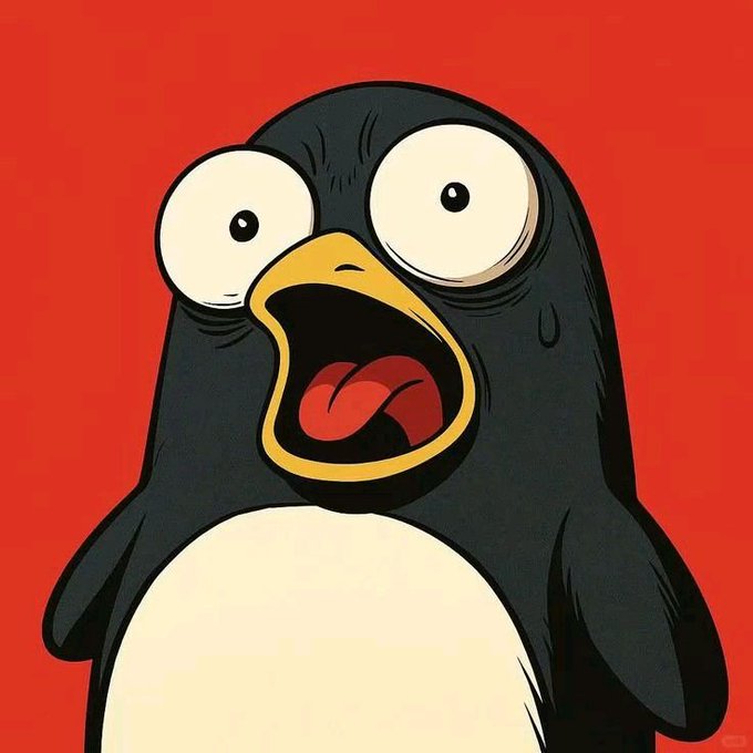 A shocked cartoon penguin with wide eyes and an open beak against a bright red background.
