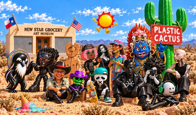A colorful desert scene featuring various characters including a person in gothic attire, robots, and figures around a 'NEW STAR GROCERY ART MUSEUM' and a 'PLASTIC CACTUS' sign.