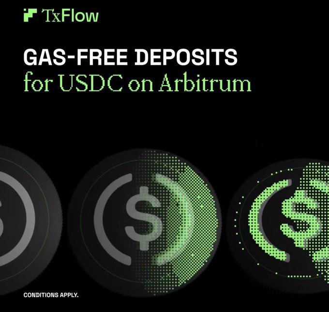 A promotional graphic for TxFlow advertising 'GAS-FREE DEPOSITS for USDC on Arbitrum' with green dollar sign icons on a black background.