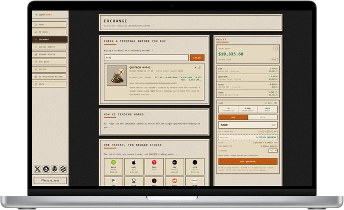 A laptop displaying a stock trading simulator interface called 'Exchange', featuring a wallet balance of $10,335.68, with sections for checking terminals, trading works, and viewing reward stocks like AAPL, NVDA, and AMZN.