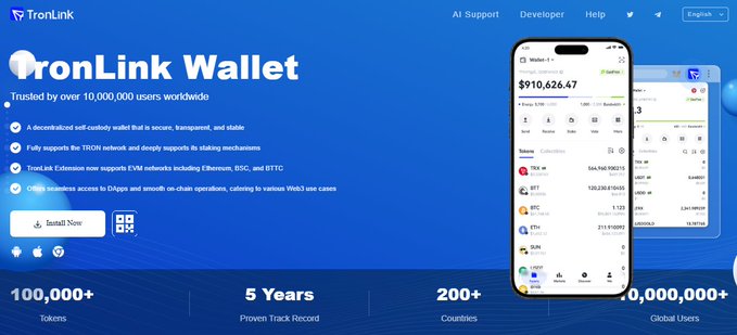 A promotional banner for TronLink Wallet showcasing its mobile interface with a displayed balance of $910,626.47 and various token holdings (TRX, BTT, SUN, WIN), alongside key statistics: 100,000+ tokens, 5 years proven track record, 200+ countries, and 10,000,000+ global users, emphasizing its role as a trusted gateway supporting TRON, Ethereum, BSC, and BTC networks.