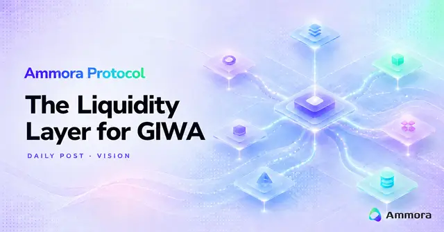 A promotional banner for 'Ammora Protocol' described as 'The Liquidity Layer for GIWA', featuring a futuristic purple and blue background with interconnected blockchain/crypto node illustrations.