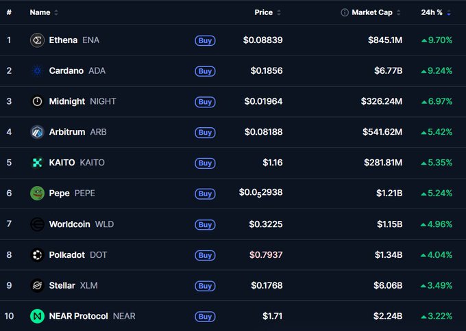 A cryptocurrency price tracking table showing top gainers in 24 hours, including Ethena (ENA) at $0.08839 with a 9.70% increase, Cardano (ADA) up 9.24%, Midnight (NIGHT) up 6.97%, and other tokens like Arbitrum, KAITO, Pepe, Worldcoin, Polkadot, Stellar, and NEAR Protocol.