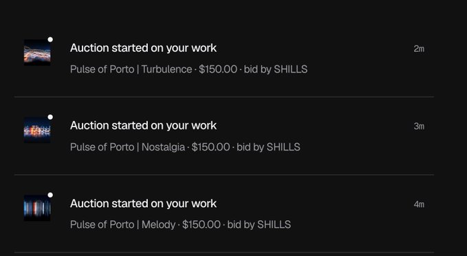 A mobile app notification screen displaying three alerts: 'Auction started on your work' for 'Pulse of Porto | Turbulence', 'Nostalgia', and 'Melody', each with a $150.00 bid by SHILLS.