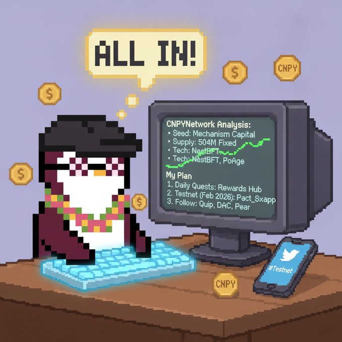A pixel art illustration shows a person at a computer with a speech bubble saying "ALL IN!" surrounded by CNPY and dollar coins, with an on-screen "CNPY Network Analysis" showing seed by Mechanism Capital, 504M supply, and testnet/follow details for Quip, DAC, and Pear.