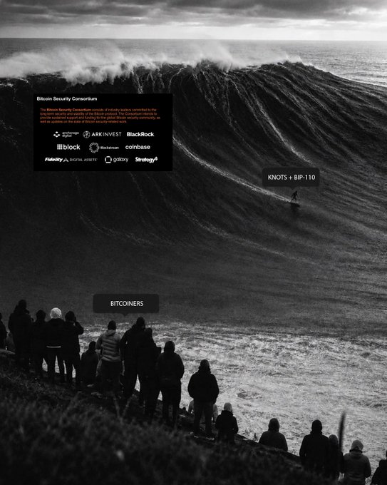 A dramatic black-and-white photo of a massive wave with a tiny surfer labeled 'KNOTS + BIP-110' and a crowd of onlookers labeled 'BITCOINERS', overlaid with the Bitcoin Security Consortium logo and member list.