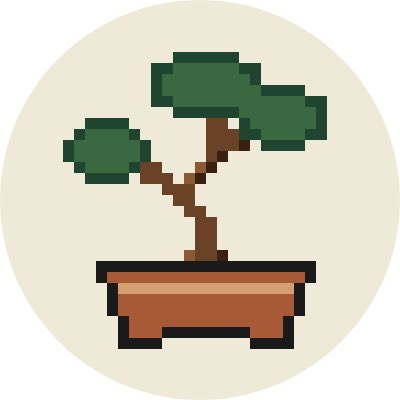 In this digital illustration, a small potted bonsai tree sits inside an orange pot. The bonsai features multiple branches extending outwards and is positioned at the center of the circular frame. The background of the circle consists entirely of white, giving prominence to the bonsai as the main focus of the image.