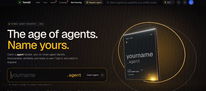 A website screenshot for Ternix promoting their TENSIX AGENT REGISTRY on BSC, with the headline 'The age of agents. Name yours.' and a search bar to claim .agent domains.
