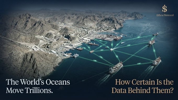 An aerial view of a coastal port with ships connected by a network overlay, branded 'Lithra Protocol' with text reading 'The World's Oceans Move Trillions. How Certain Is the Data Behind Them?'.