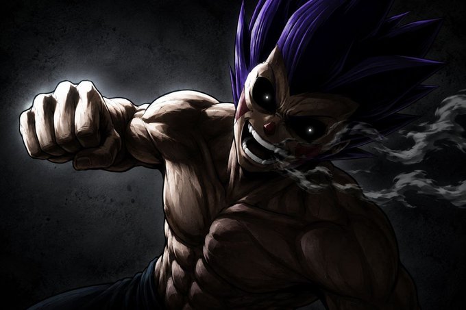 A dramatic illustration of a muscular anime character with spiky purple hair, resembling a fusion of Vegeta and a clown, with a menacing grin and clenched fist.