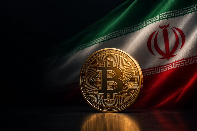 A golden Bitcoin coin stands in front of the waving flag of Iran, symbolizing the intersection of cryptocurrency and the country.